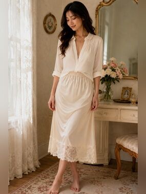 Vintage Applause Satin Half Slip Skirt Lace Hem Side Slit Ivory USA Made